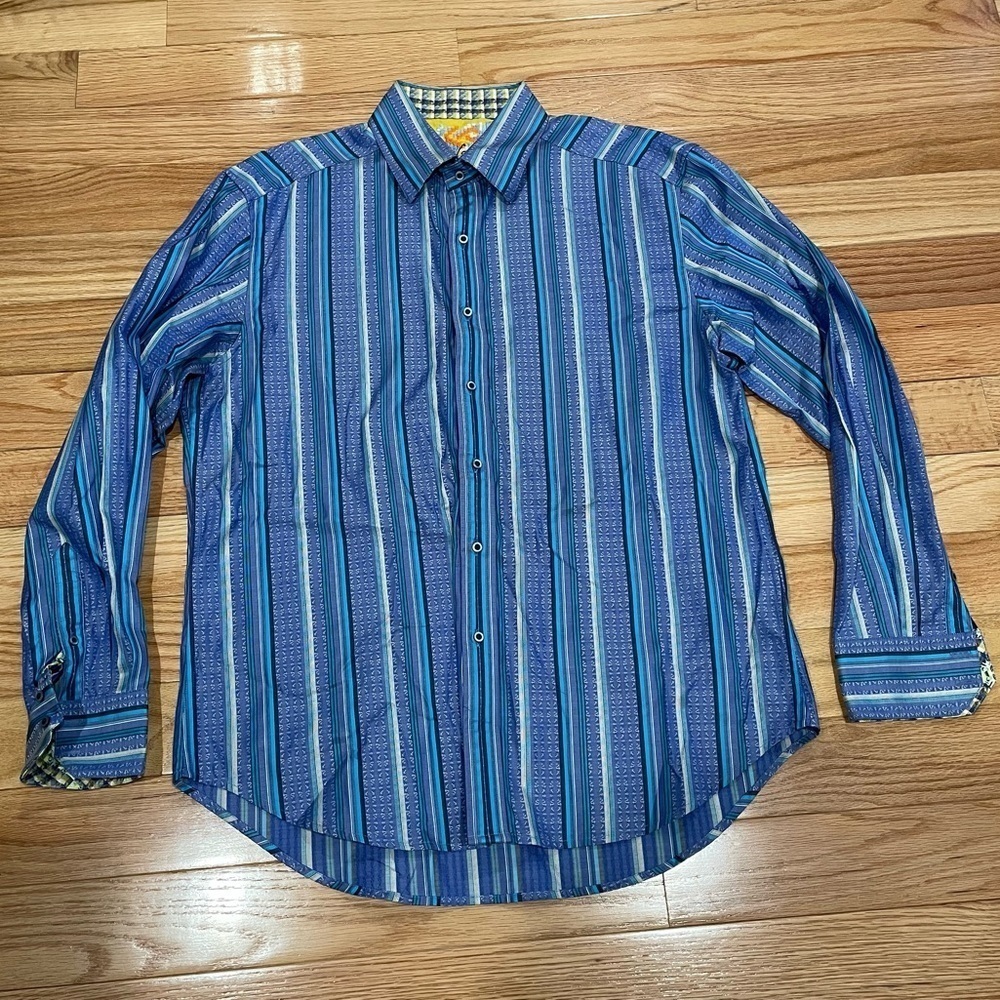 ROBERT GRAHAM Cotton Long-Sleeved Flip Cuff Dress Shirt Blue Southwest Stripe XL